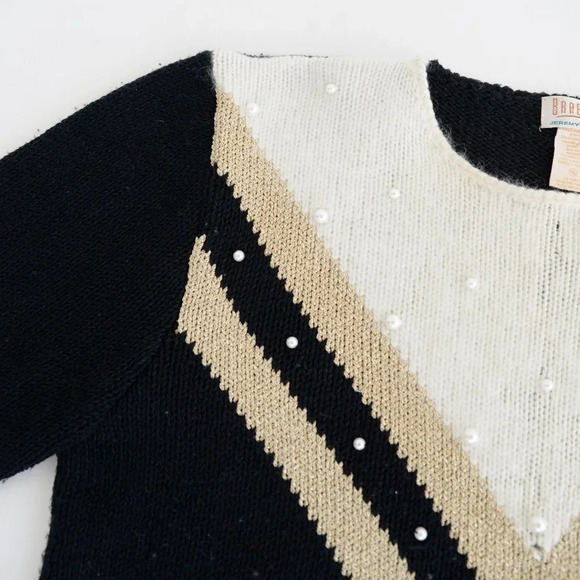 Braemar by Jeremy Scott Cream & Black w Pearls 7% Rabbit Hair Crewneck  Sweater - Picture 11 of 13
